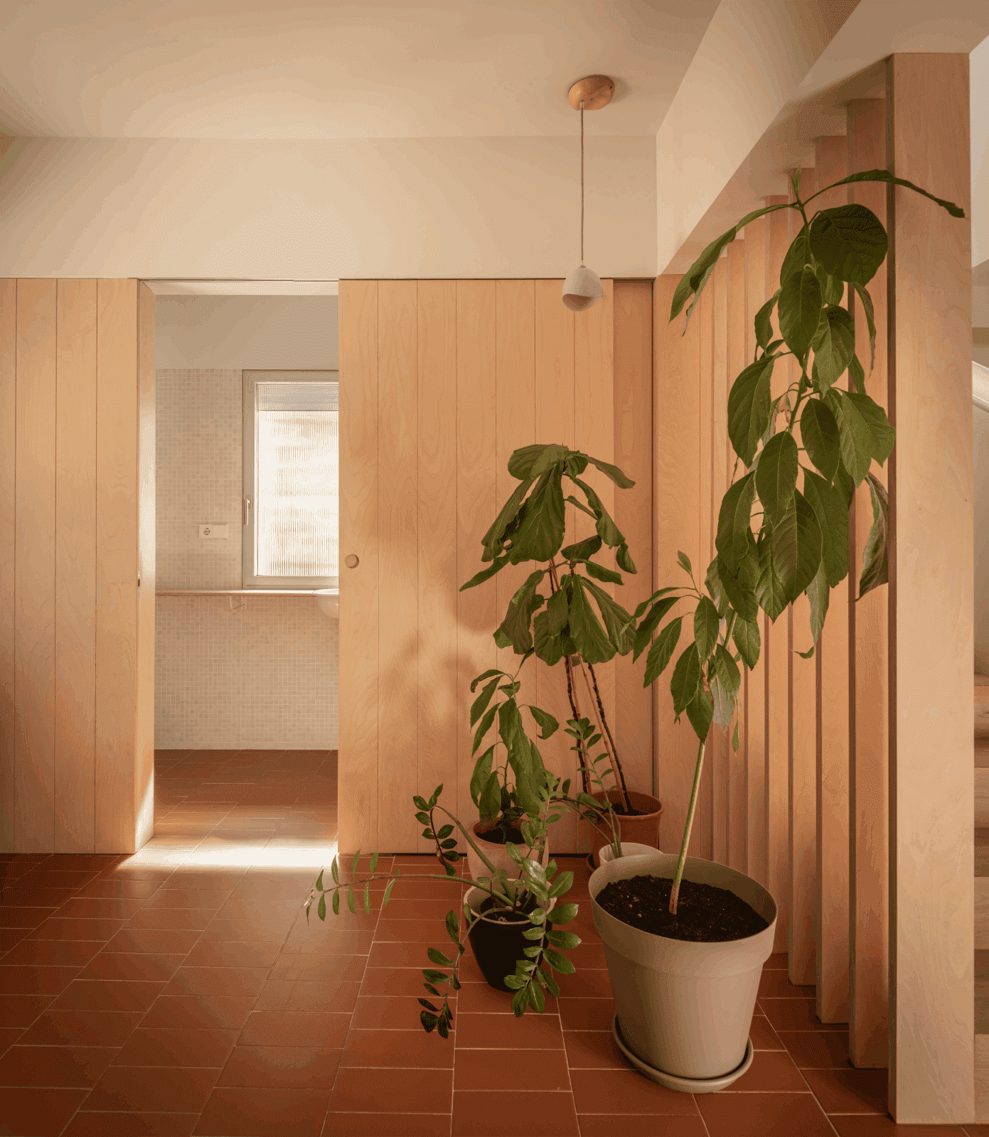 hall de entrada con acabados de cerámica, plantas y escaleras de madera