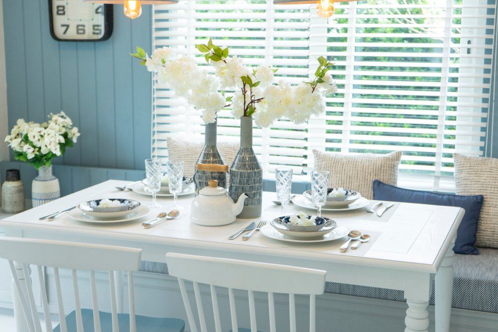 cozy beach blue dining room 