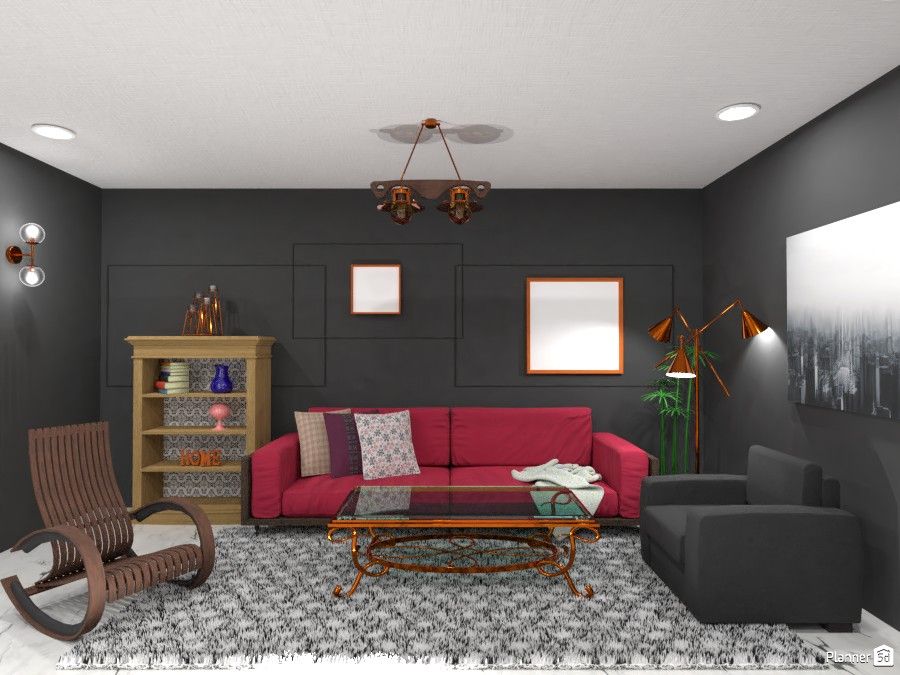 dark gray living room with red couch and brown chairs