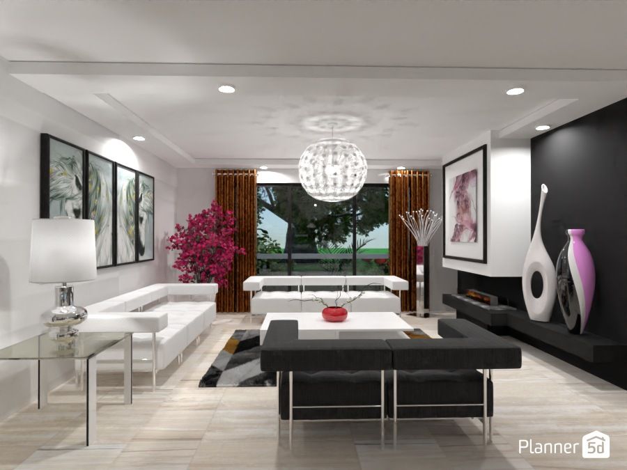 black and white livng room with pops of color