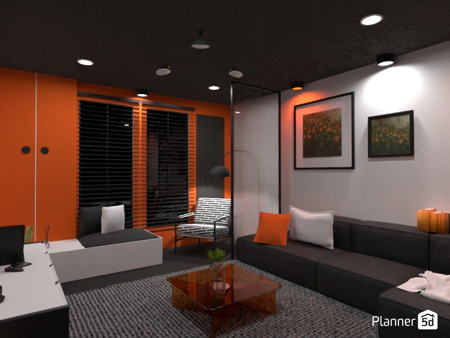 render of a small living room with black and white accents