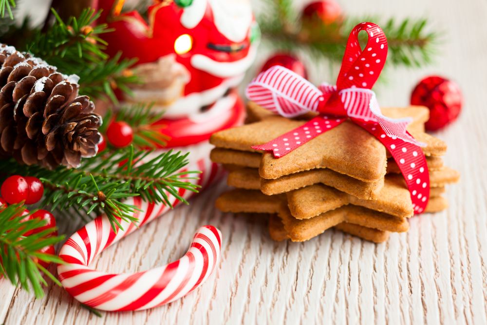 Christmas cookies and candy cane with festive decoration