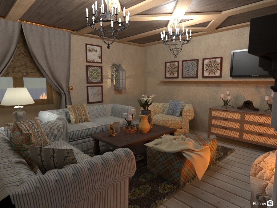 soggiorno rustico con motivi e comodi divani
