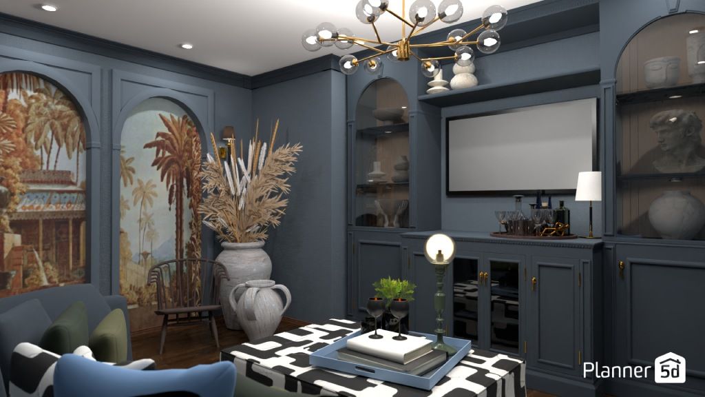 dark blue livig room with netural accents