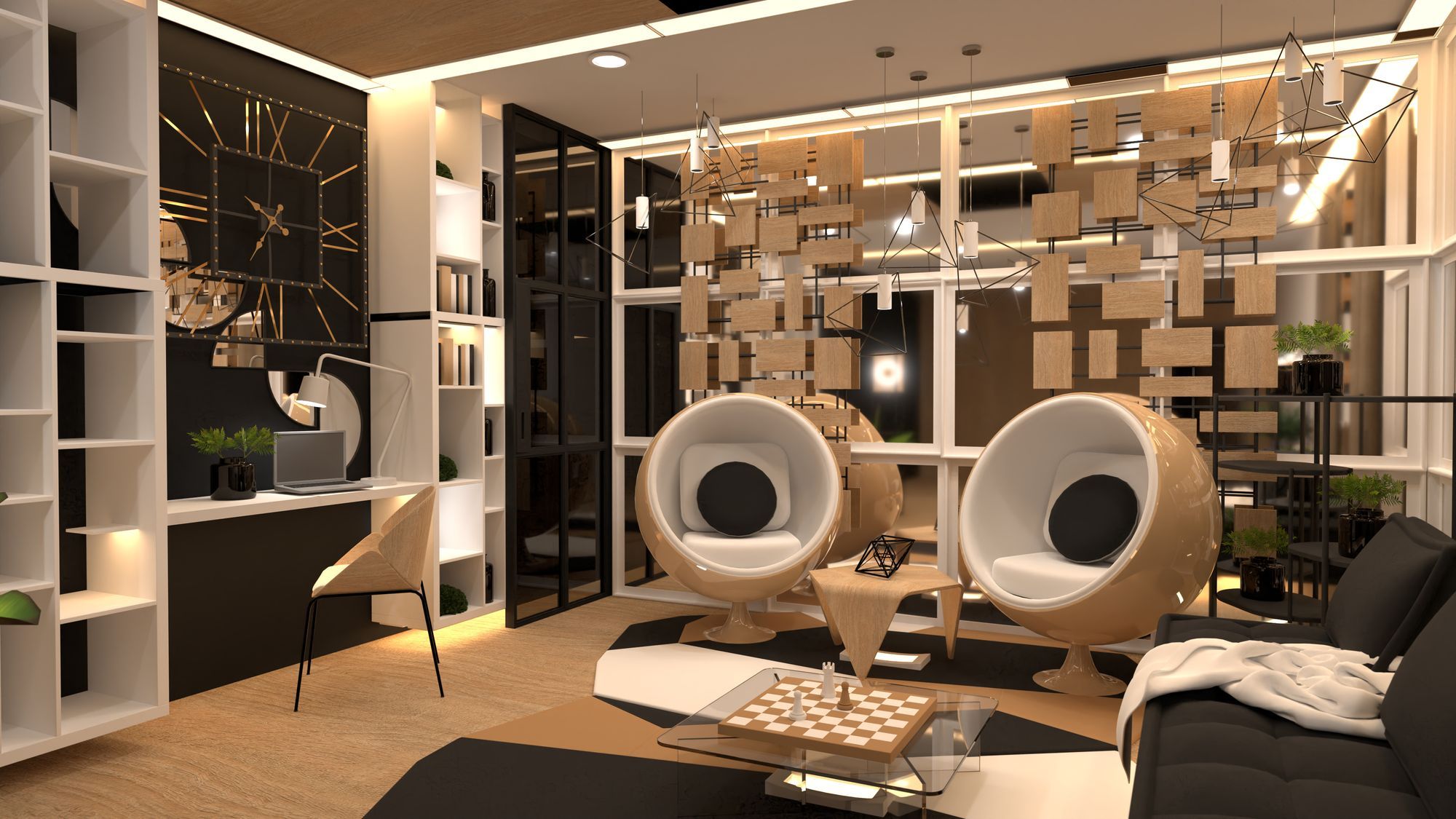 sala de estar, estudio moderno de lujo diseñado con inteligencia artificial planner 5D