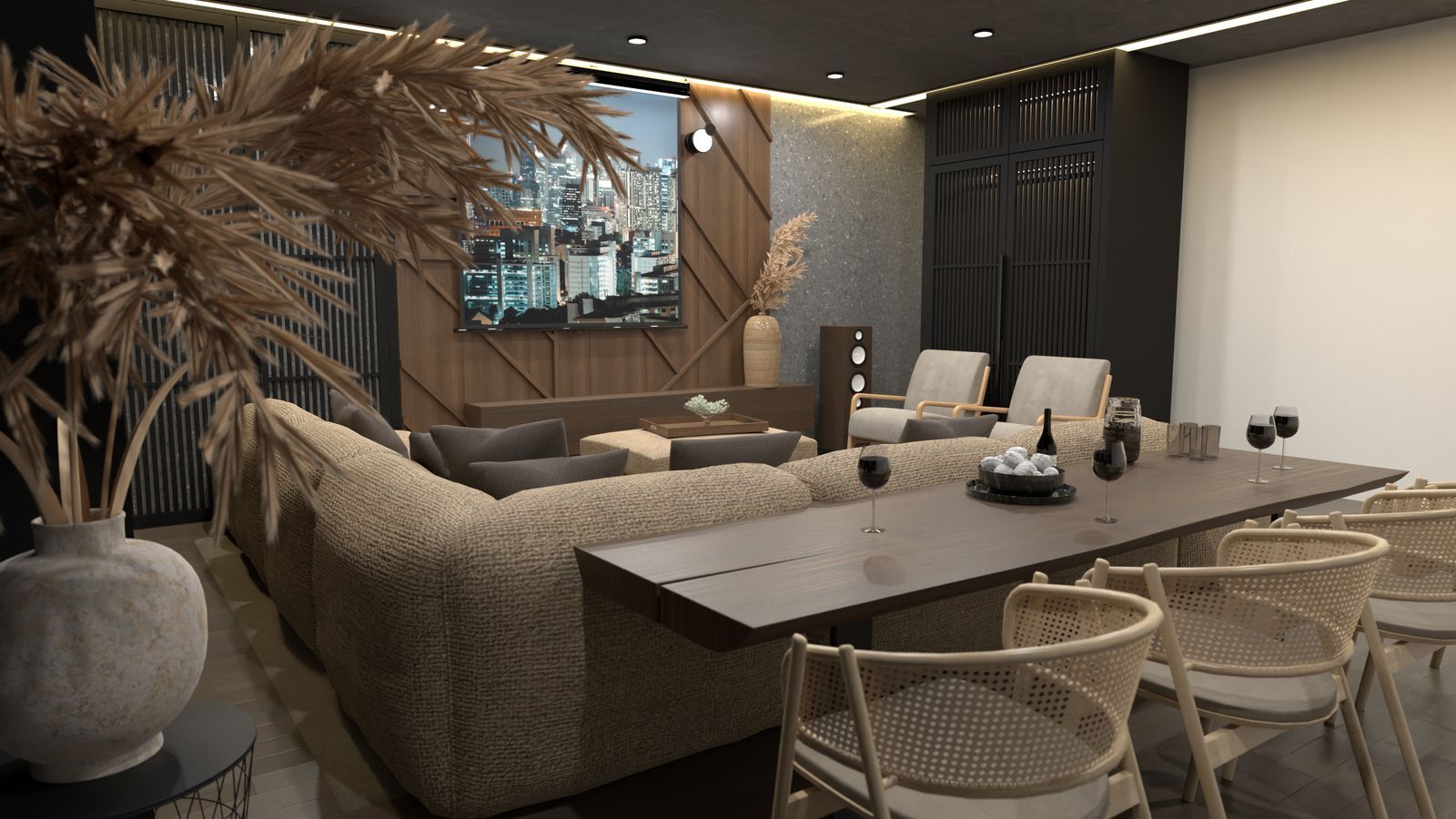 sala de estar con proyector, sofá gris y mesa con sillas de madera, diseñado con planner 5D