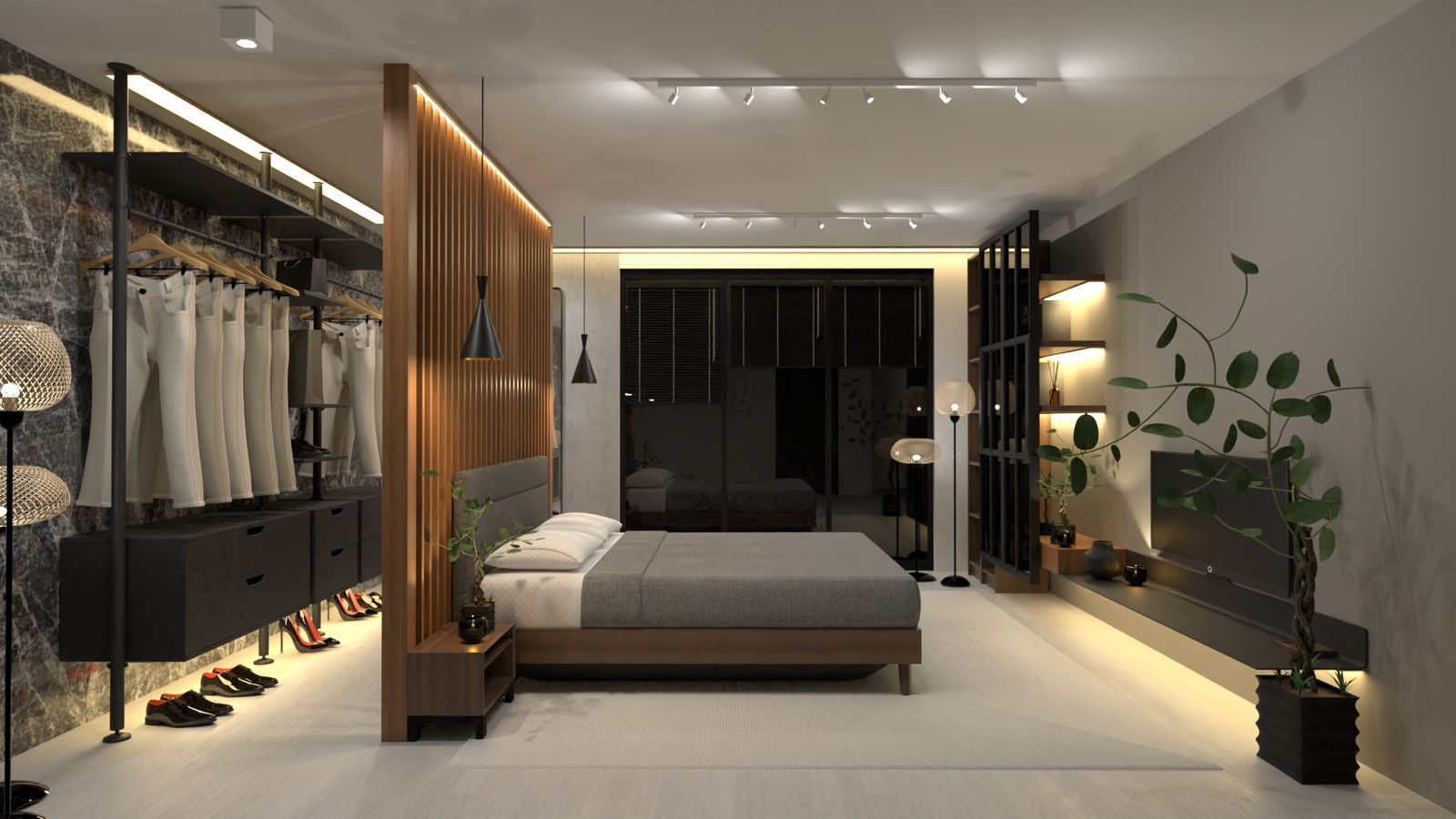 dormitorio elegante y relajante con vestidor y cama gris diseñado en Planner 5D