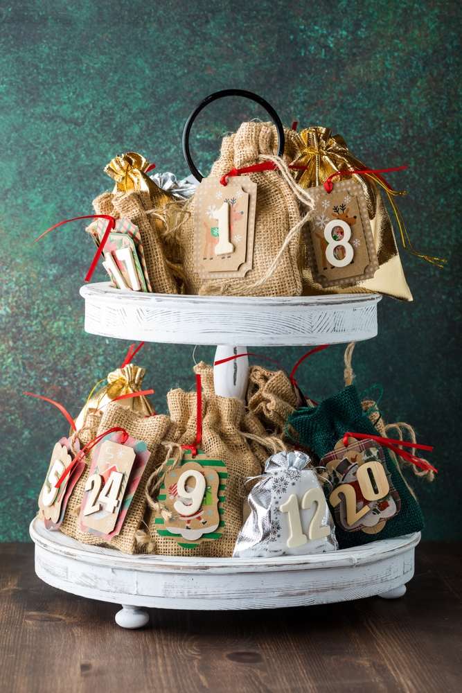 homemade Advent calendar on a tiered stand