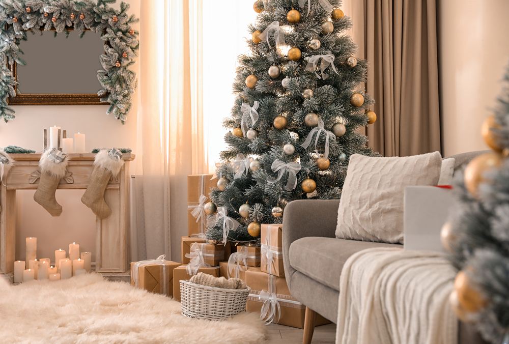 Beautiful Christmas tree in cream colored living room