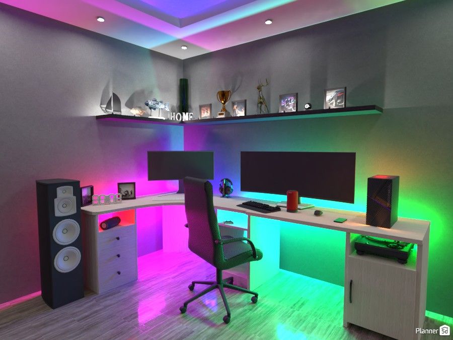 Ein Gaming-Zimmer mit ergonomischem Stuhl, Multi-Monitor-Setup und LED-Beleuchtung für ein optimales Spielerlebnis.