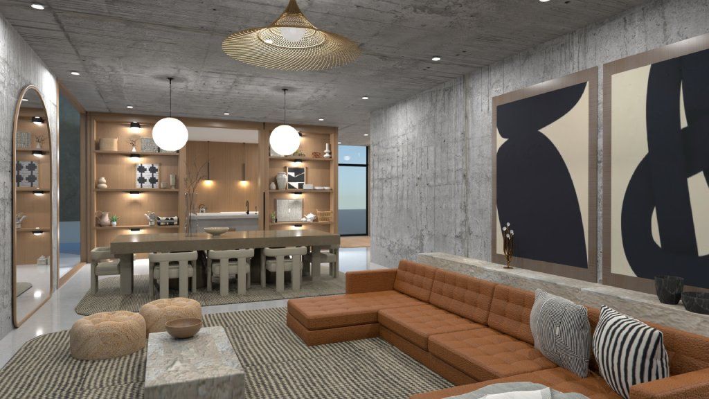 soggiorno moderno nei grigi con la cucina in legno, il divano arancio ed i modelli