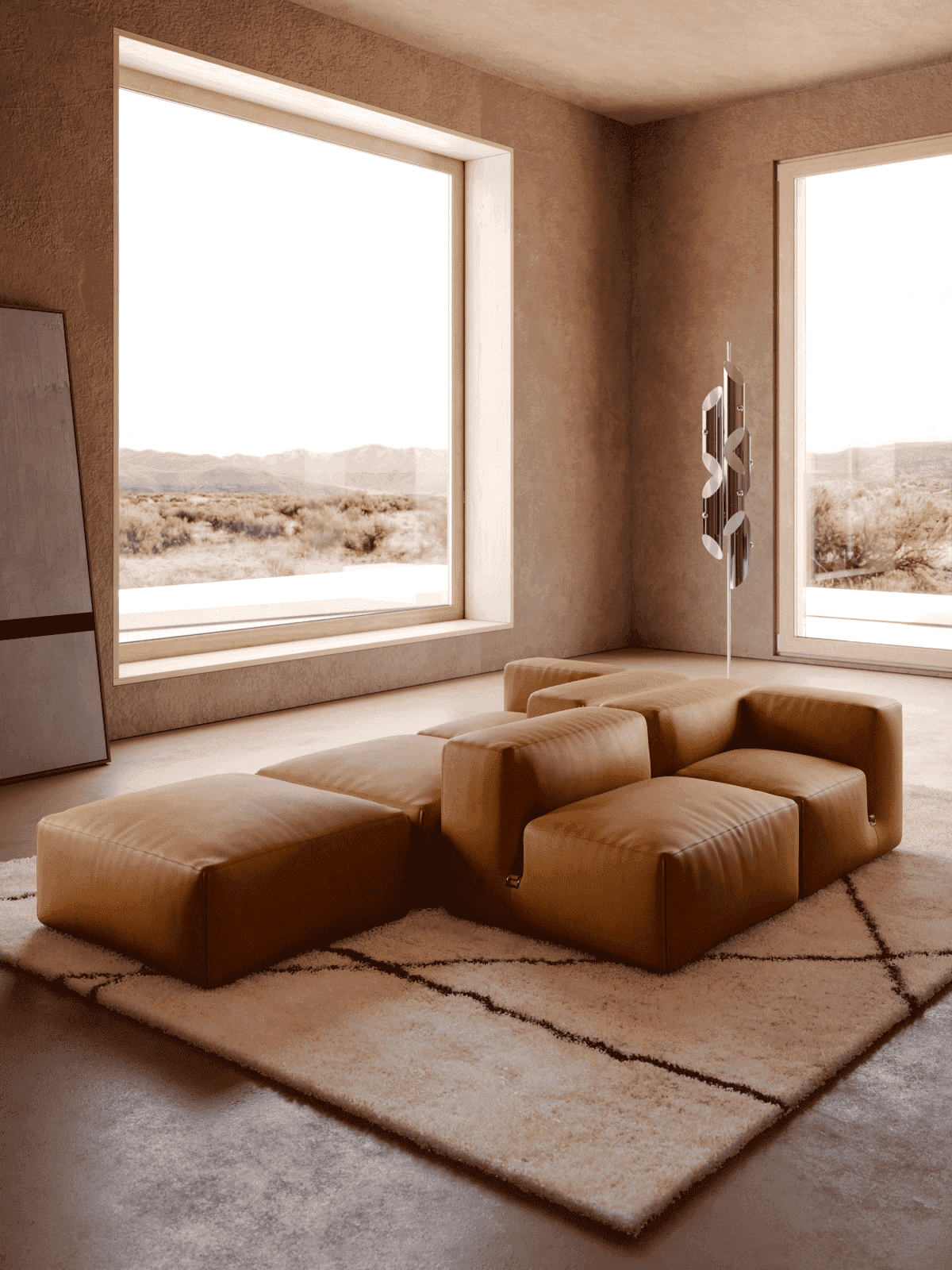 designer living room with modern brown leather sofa