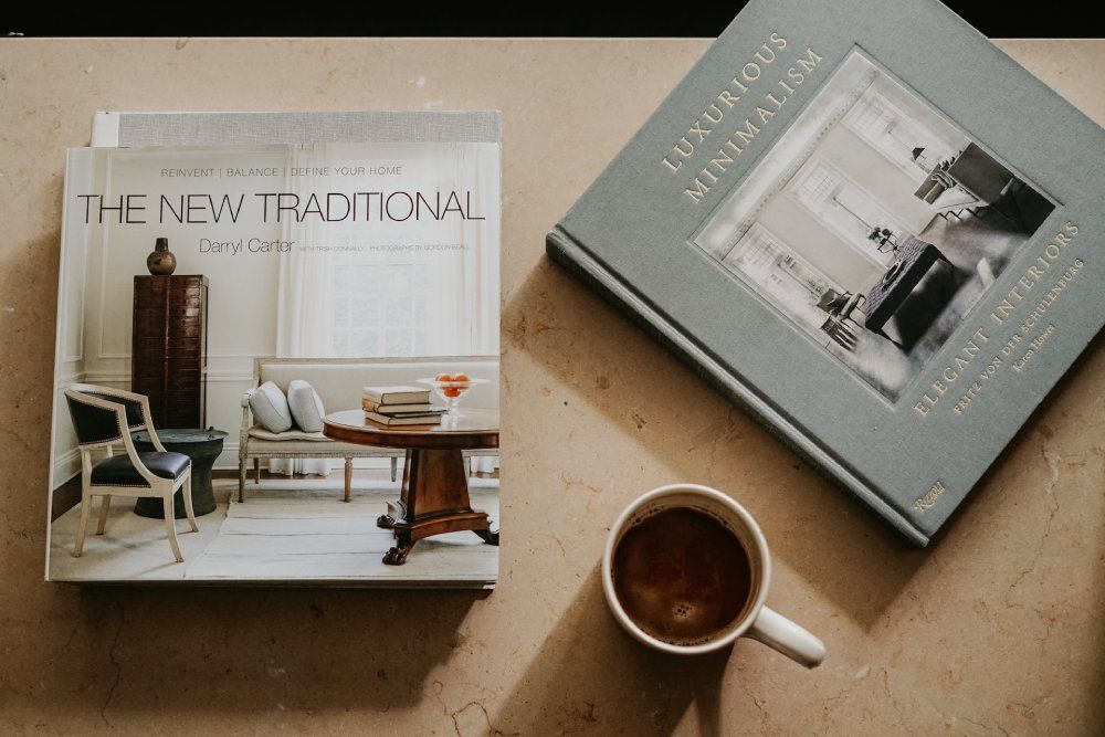 interior design books on a coffee table