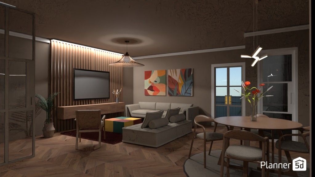 render of relaxed family room combined with dining area