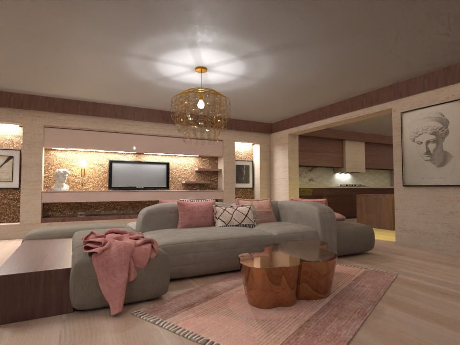large living room with gray sofa and soft pink accents