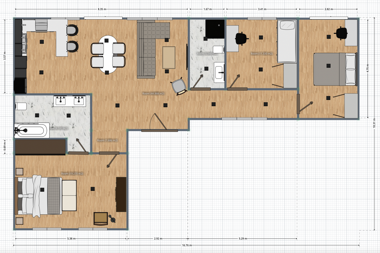 plano de casa en "L", diseño de casa de 3 dormitorios