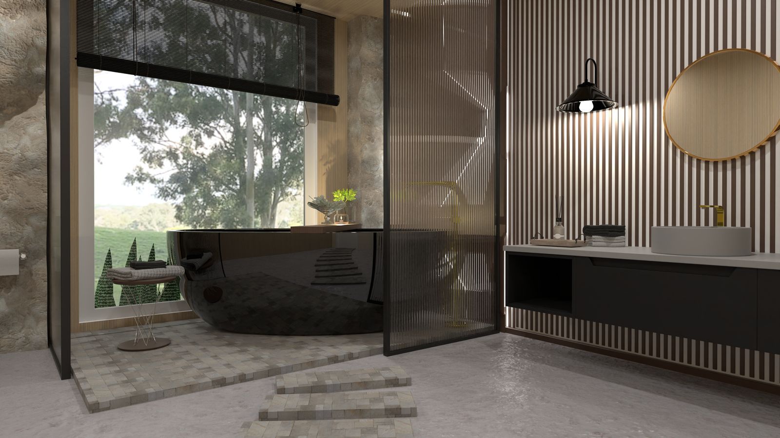 render de diseño digital de cuarto de baño moderno con bañera negra