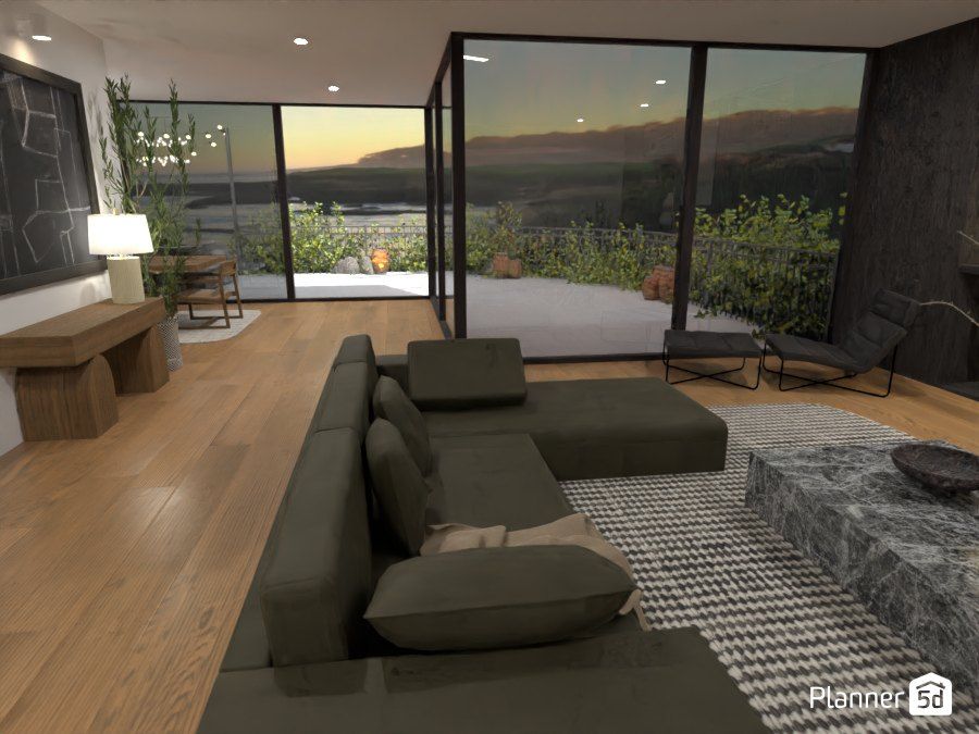 render of a dark green sectional couch in an open space living room 