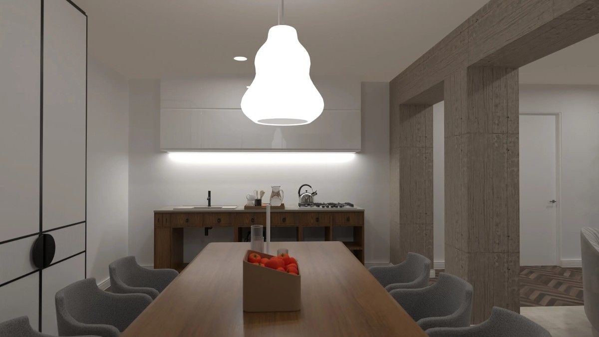 sala de estar moderna, elegante, acogedora de Planner 5D con comedor y cocina