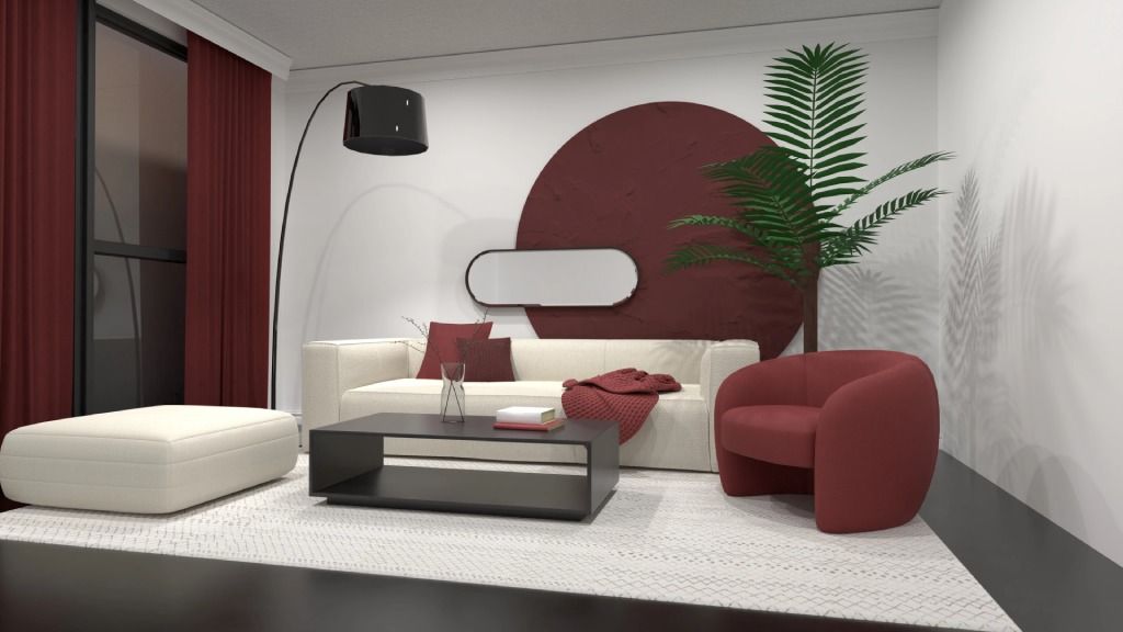 living room with red accents and white couch