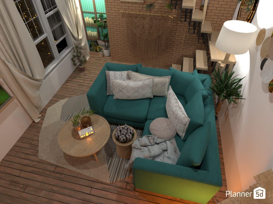 render of a small living room with green couch