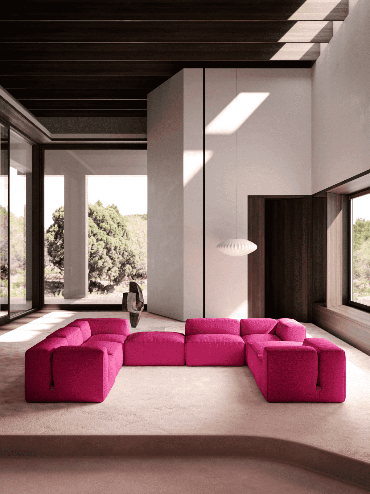 sofá de diseño de tacchini, mario bellini, sofá rosa en sala moderna