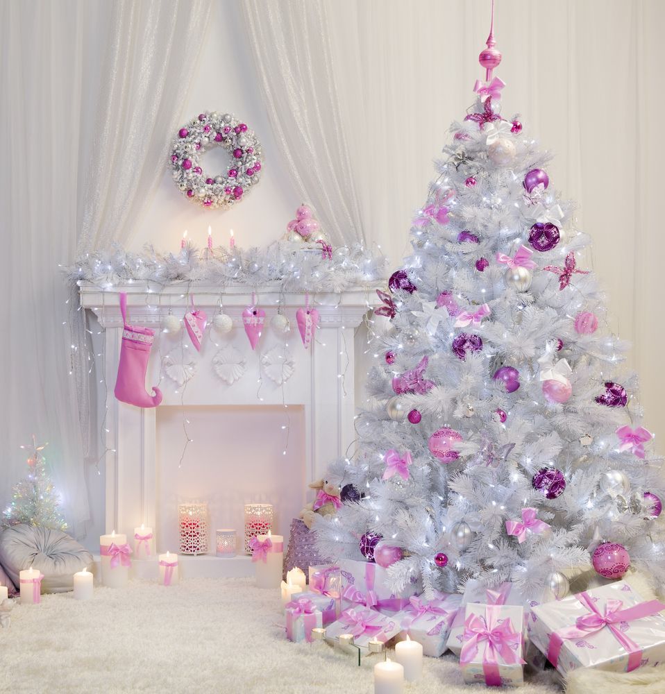 white christmas tree with purple and pink accessories