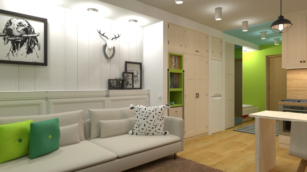 salon moderne avec rideaux, coussins et un armoir verts vifs et des meubles crèmes