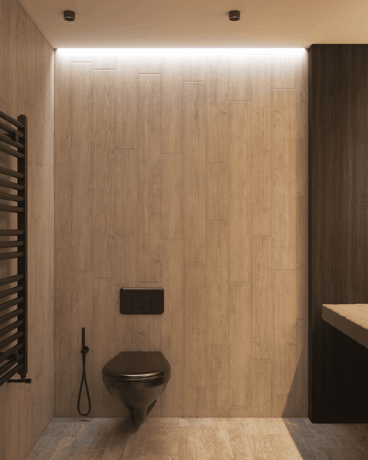 baño moderno de madera con retrete negro, colores para baños modernos
