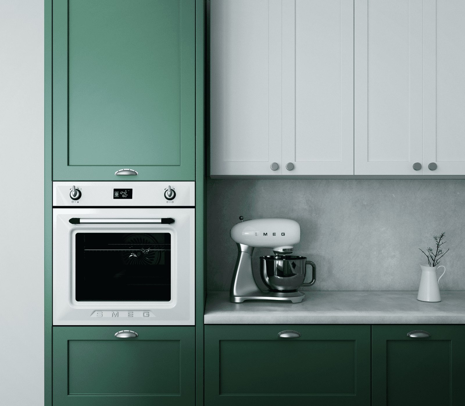 colores para cocinas: cocina moderna integral verde, blanca y gris
