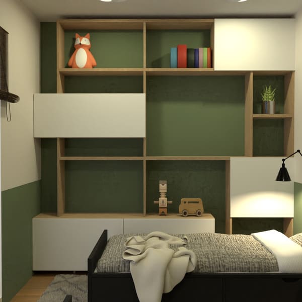 render dormitorio infantil camas individuales diseñadora de interiores profesional 