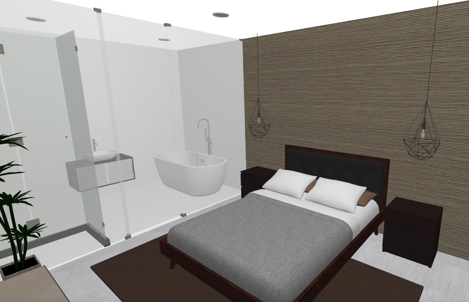 Render de Dormitorio moderno con baño abierto diseñadora profesional