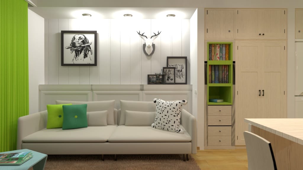 salon moderne avec rideaux, coussins et un armoir verts vifs et des meubles crèmes