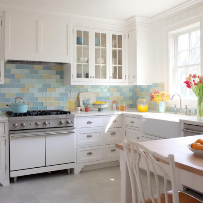 белая кухня с разноцветной яркой стеновой панелью