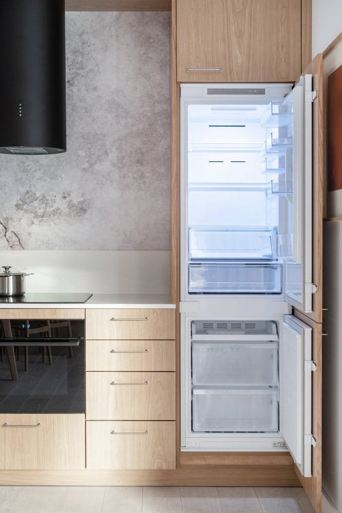 Modern light wooden kitchen with open fridge that has a panel