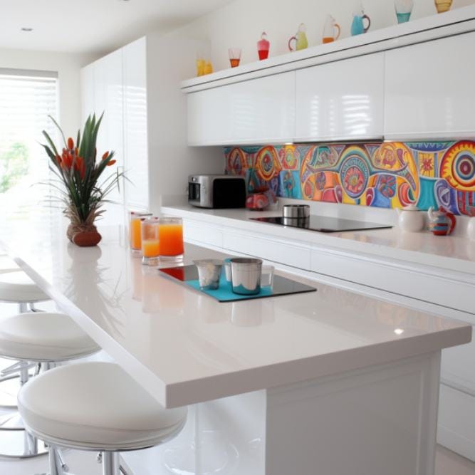 белая кухня с яркой цветной стеновой панелью