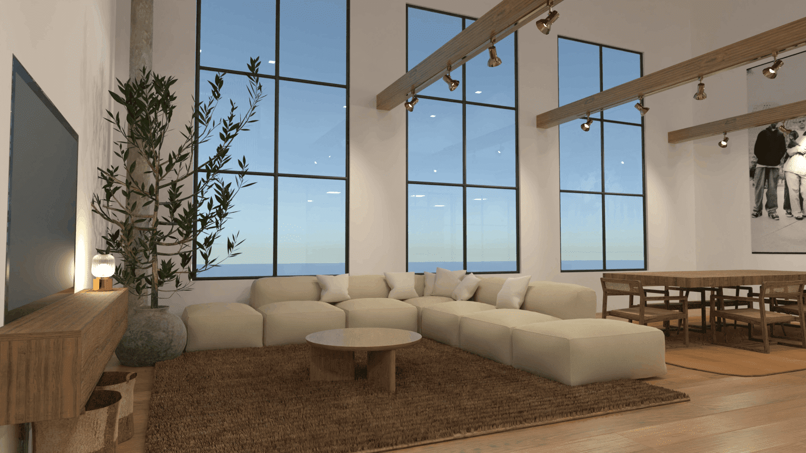 sala de estar de concepto abierto con comedor y cocina modernos de lujo en planner 5d
