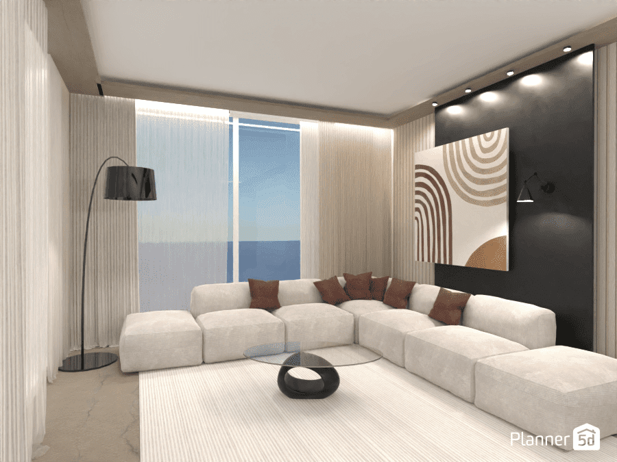 render de sala de estar abierta minimalista moderna, render creado con planner 5d