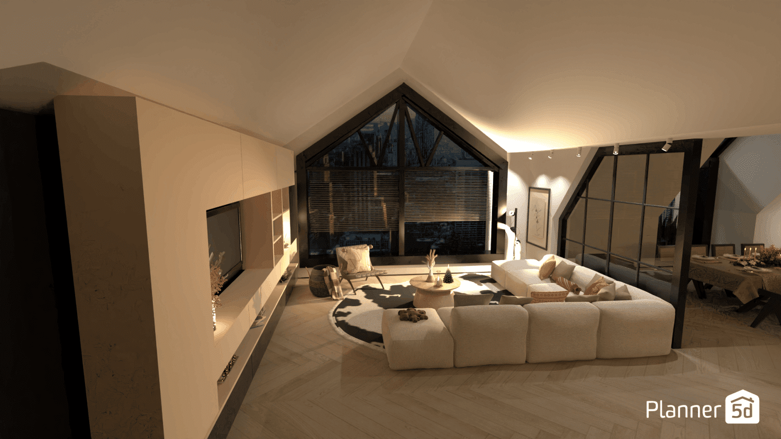 sala de estar de concepto abierto con comedor moderna de lujo en planner 5d