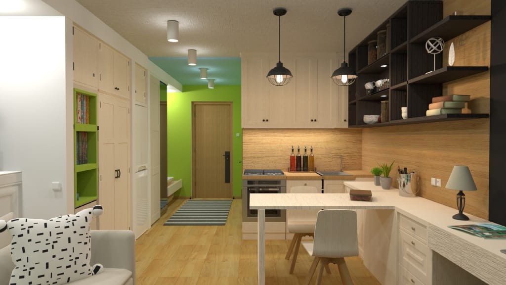 cuisine et couloir d'un petit appartement