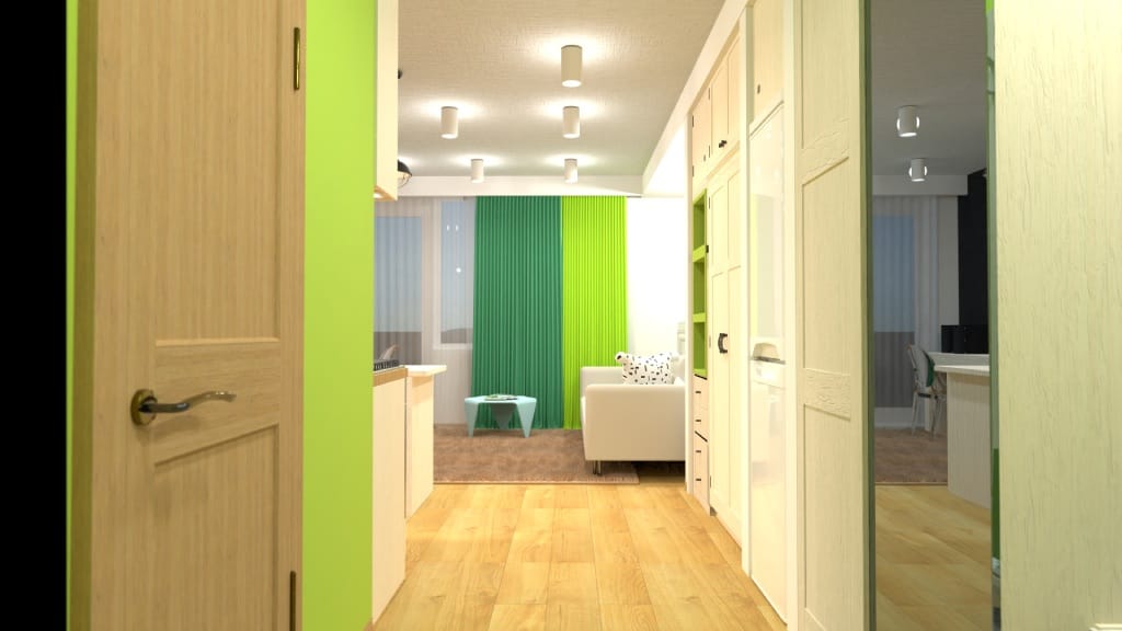 entrée d'un petit appartement avec des couleurs vertes vives
