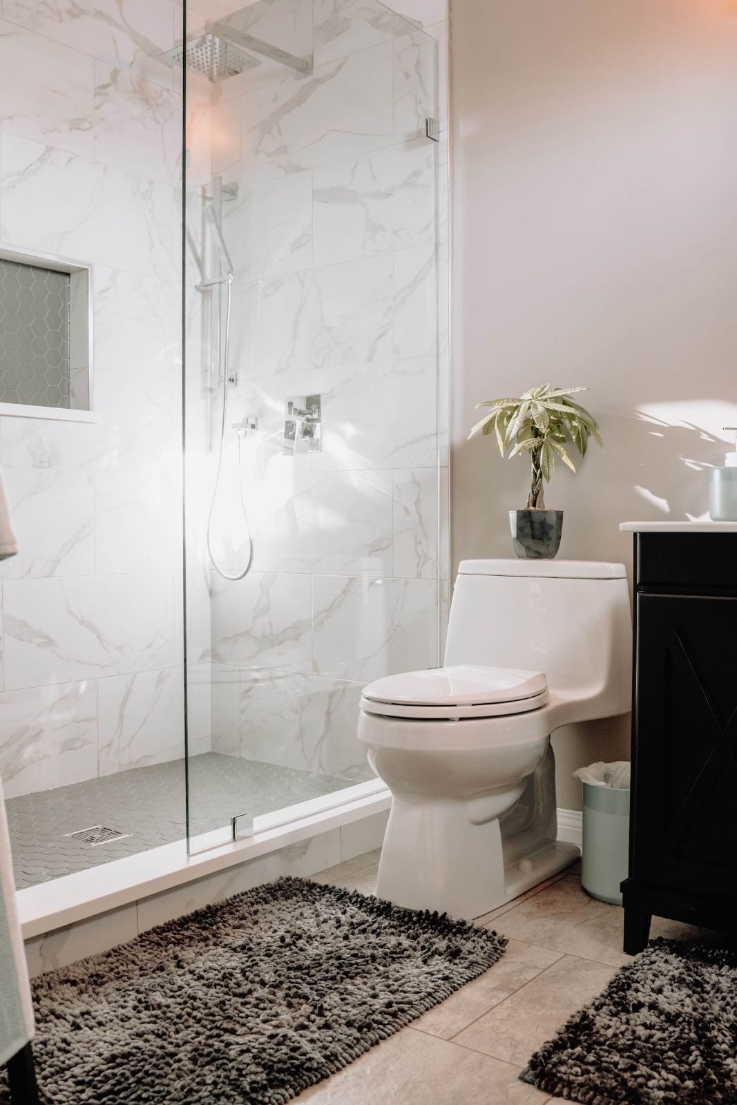 cuarto de baño pequeño moderno con retrete y ducha con mármol 