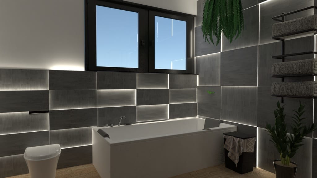 cuarto de baño con bañera grande en Render de casa moderna pequeña blanca y negra
