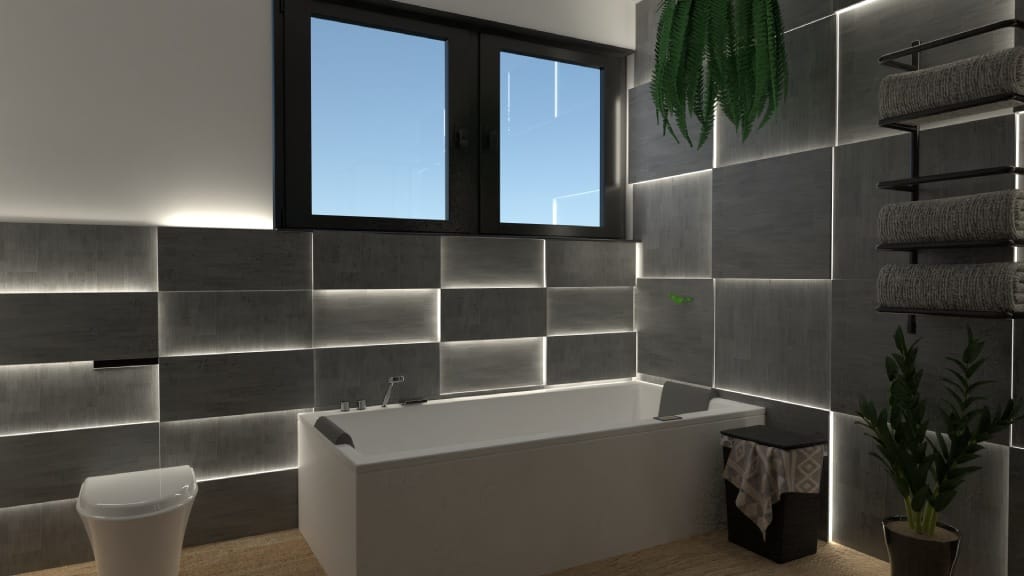 bathtub with lit up gray tiles