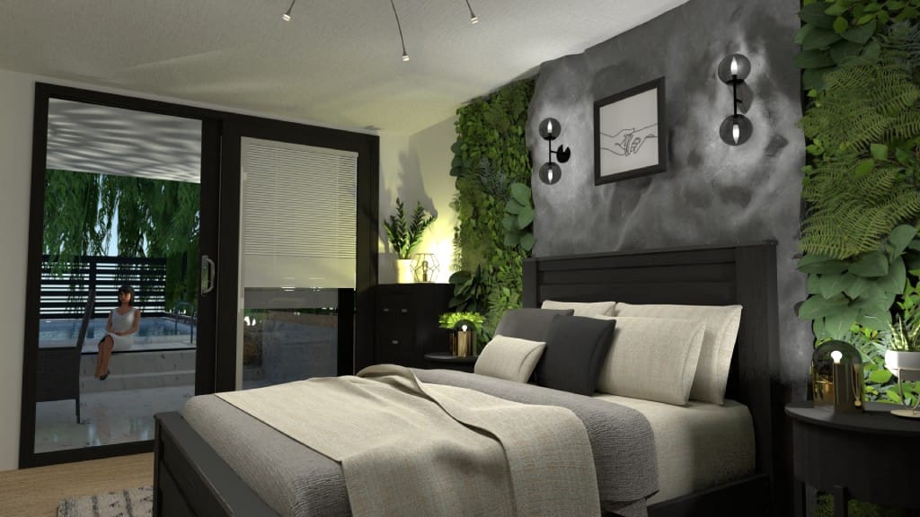 Schlafzimmer mit grauer Wand und grünen lebenden Paneelen