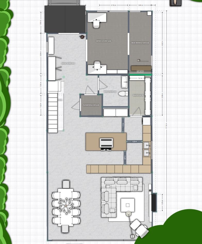 plano arquitectónico de casa de dos pisos con medidas, planta baja