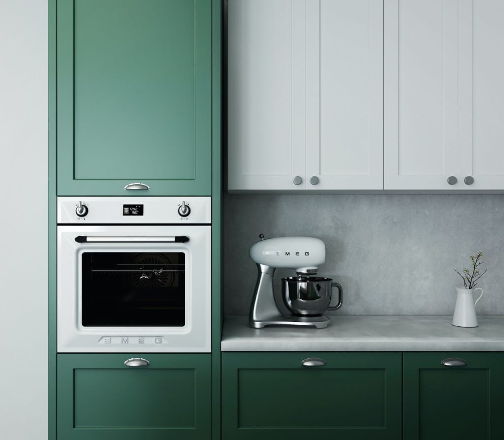 Green and white ktichen cabinets with stainless steel oven