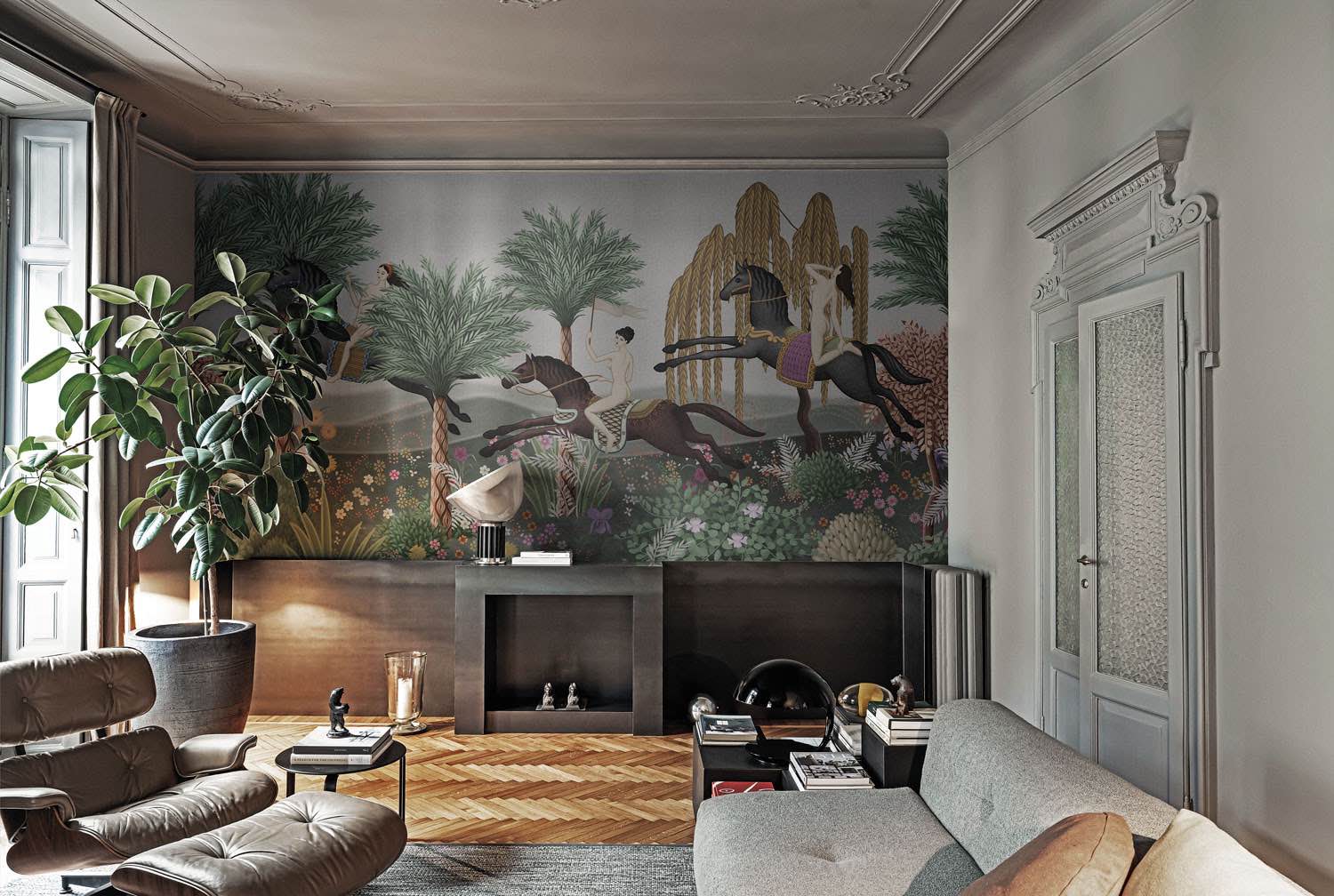 nowoczesny salon z luksusowymi wykończeniami i tapetą od LondonArt