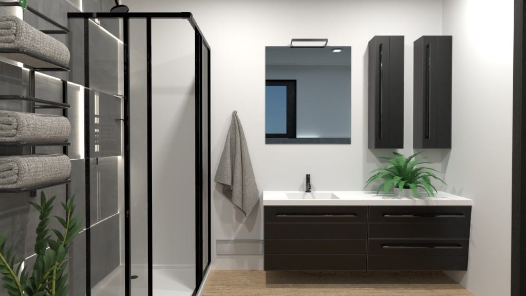 salle de bains moderne avec une douche en verre