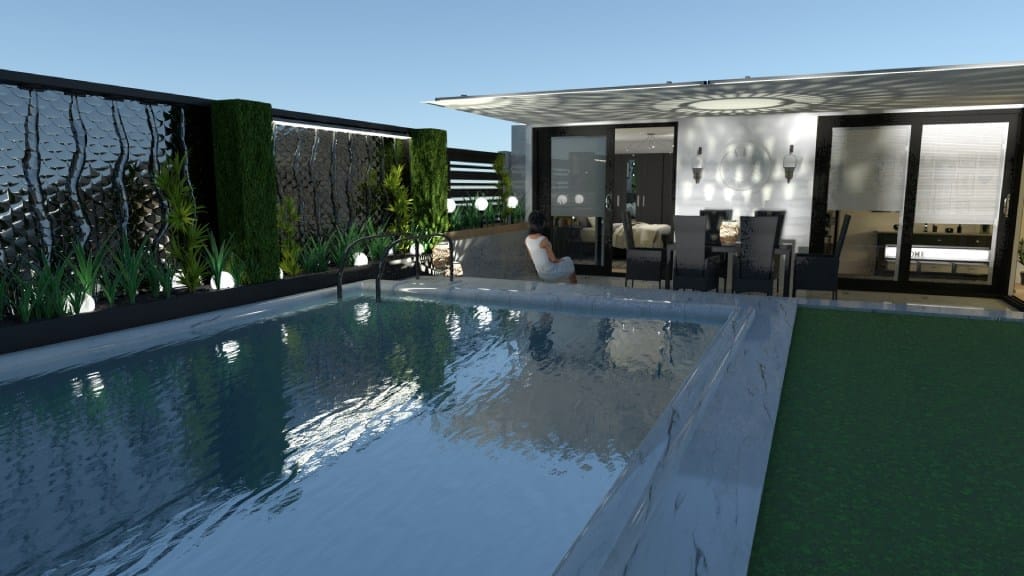 piscina, jardín moderno Render de casa moderna pequeña blanca y negra